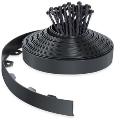 PLANTAWA Rasenkante für Kunstrasen Schwarz 10m mit 30 Heringen – Beeteinfassung Kunststoff flexibel, Gartenabgrenzung für Rasen, Wege und Beete