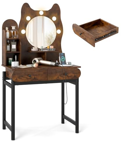 HOMASIS Schminktisch mit Licht, 3 Farben mit Verstellbarer Helligkeit, Kosmetiktisch in Katzenform mit Spiegel, Frisiertisch mit Ablagen & Schubladen, Make up Tisch mit Steckdosen, USB, Type-C (Braun)