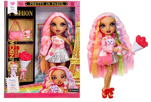 Rainbow High Pretty in Paris Modepuppe - Kia Hart - 28 cm große Modepuppe in Rosa mit Welpen, Handtasche und Accessoires, zum Spielen, beweglich, Sammlerstück, für Kinder von 4 bis 12+ Jahren