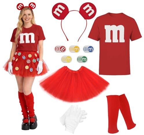 Crunier 25 Stück M und M Kostüm Damen,M Faschingskostüme Damen mit M Aufdruck T-Shirt,Tüllrock,Stirnband,Beinwärmer,Handschuhe und M-Stickpatch,für Karneval Fasching Verkleidung Cosplay
