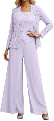 Duohropke Tuta da donna a 3 pezzi, per il tempo libero, elegante, in pizzo, cardigan a maniche lunghe e pantaloni, in chiffon, per la madre della sposa, per matrimonio, cocktail, elegante abito da
