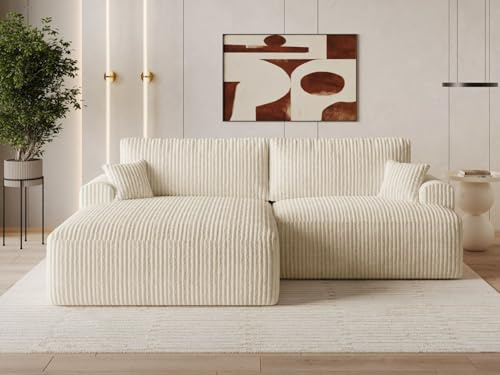 GRAINGOLD Serene L Ecksofa modern mit Bettfunktion, 259x145 cm, L-Form Sofa, Schlafcouch für Wohnzimmer, Cord-Stoff, 3-Sitzer Eckcouch, Ecksofa mit Bettkasten (Beige, Links)