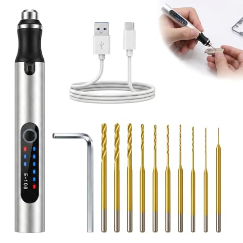 3-Speed Cordless Mini Drill Pen Silver, Rechargeable Electric Hand Drill | Portable Electric Engraving Tool Kit with 10 Small Drill Bits for Jewellery Making, Resin, Wood, Plastic, Keychains, Crafting