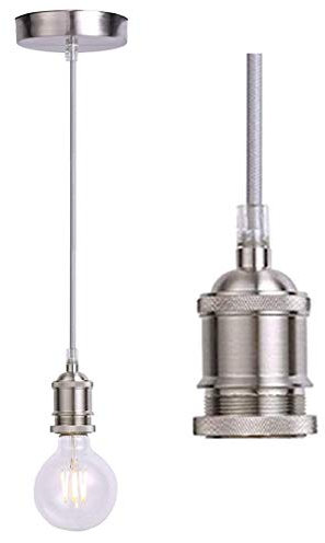 JING Vintage Pendant Light Fitting, Industrial Stain Nickel Ceiling Rose ,Braided Flex E27 Lamp Holder,Suspended Ceiling Pendant Light Fitting -Satin Nickel