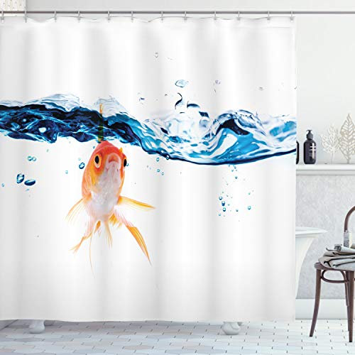 ABAKUHAUS Poisson Rideau de Douche, Natation Poisson Rouge dans l'eau, Tissu Ensemble de Décor de Salle de Bain avec Crochets, 175 cm x 200 cm, Orange Bleu