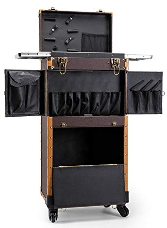 Estuche para tren de maquillaje con soporte secador de pelo Carrito peluquería Organizador ruedas cosméticos Maleta caja almacenamiento grande Carrito viaje salón belleza,Marrón