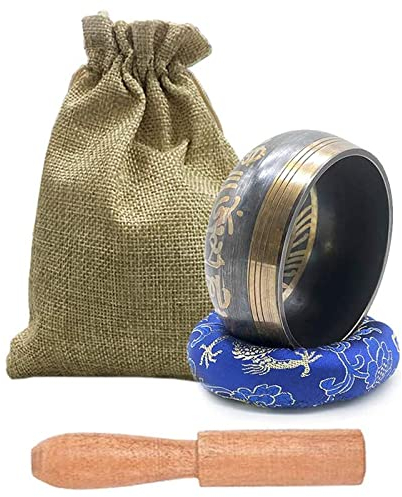 Tibetische Klangschalen Set, Meditationsschale für Heilung und Achtsamkeit, Meditation Klangschale handgefertigt in Nepal (schwarz)