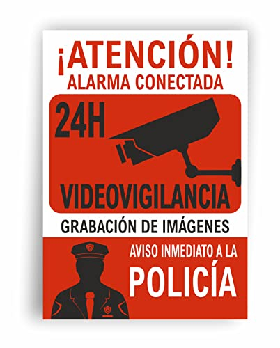 Seribas Señal Videovigilancia Alarma Conectada, Cartel de PVC Rígido 0,7 mm A4 21 x 30 cm Tinta y Material Resistente Interiores y Exteriores