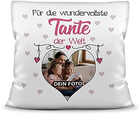 PR Print Royal Fotokissen mit Füllung für die Wundervollste Tante zum selbst Gestalten - Hochwertige Kissenhülle mit Reißverschluss, Weiß, 40 x 40 cm