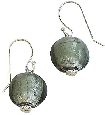 Pendientes colgantes redondos de plata de ley gris cristal de Murano