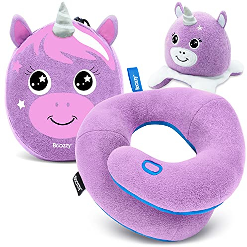 BCOZZY Kids Chin Supporting Travel Pillow for 3-7 Y/O- Stops the Head from Falling Forward- Comfortable Road Trip Essential. Soft, Washable, Small Size, Light Purple, Unicorn Bag