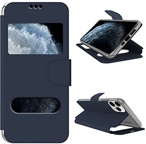 N NEWTOP Cover Compatibile per Apple Iphone 11 Pro Max, HQ Windows Notifiche Display Risposta Finestra Custodia Libro Flip Magnetica Simil Pelle Stand Protettiva (Blu)