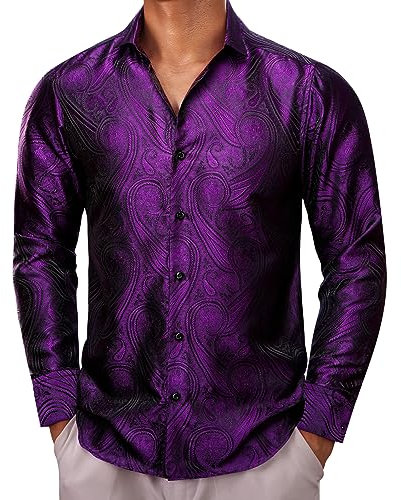 Barry.Wang Camisas de vestir para hombre, de seda, de cachemira, manga larga, con botones, para ocio, boda, fiesta, baile de graduación, Violeta y morado, XL