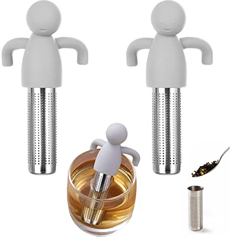 Guanyj 2 Pcs Tea Infuser,304 Edelstahl Teesieb,Teefilter mit Griffen,Teeei Teefilter,Set Silikon Teesieb,Teeei Tee,Teeei für Losen Tee Teesieb,Humanoides Teesieb,Geeignet Teetassen Teekannen, Grau
