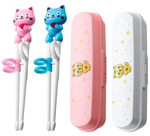 sylbx 2 Pares Palillos de Entrenamiento, Ayudante de Palillos, Palillos Reutilizables para Niños, Lindos Palillos de Animales,con 2 Cajas de Almacenamiento,con Asistente,Adecuados para Principiantes