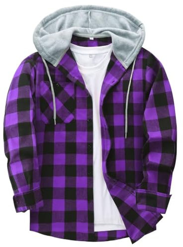 JACKETOWN Men's Hoodies Long Sleeve Casual Plaid Flannel Shirt Mens Jackets Top Button Down Shirts for Men Cotton Lumberjack Regular Fit Purple Black