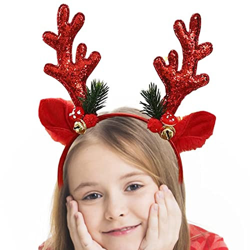 BAOK Serre-tête de renne de Noël – Serre-tête fantaisie en bois de renne avec oreilles | Oreilles en peluche et cloches – Décoration de Noël pour enfants, femmes et filles