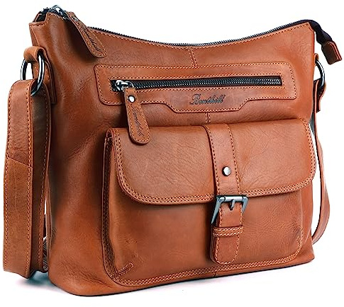Benthill Damen Handtasche Leder - Umhängetasche aus weichem hochwertigem Echtleder - Vintage Fashion Bag Beutel - Shopper - Schultertasche, Farbe:Braun