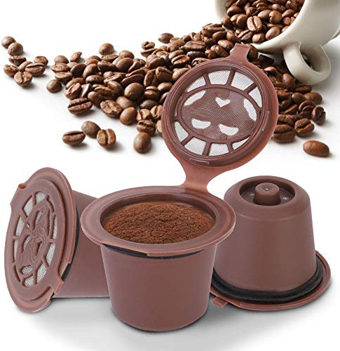 3pcs Capsule de Café Réutilisables Capsules de Remplacement Filtres à Café Rechargeables avec Cuillère à Café et Brosse de Nettoyage (Brun)