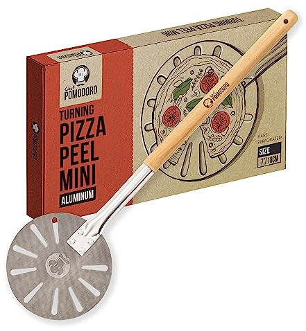 Chef Pomodoro - Pelle Pizza Ronde Avec Manche En Bois Extensible | Pelle a Pizza En Aluminium Anodisé INOX - Spatule Cuisine pour Tourner vos Pizzas, Crèpes, Steaks, Tarte etc (17,8 cm)
