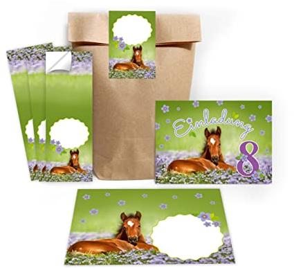 Minkocards 12 Einladungskarten zum 8. Kindergeburtstag Mädchen Pferd Einladung achte Geburtstag incl. 12 Umschläge, 12 Partytüten/natur, 12 Aufkleber