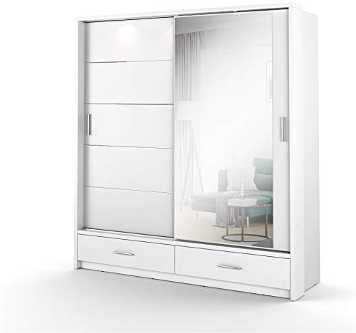 MINIO go for it - Schwebetürenschrank ERTA 5, 200 cm, zweitürig Schrank mit Spiegel und Zwei Schubladen, mit LED Beleuchtung, Farbe: Weiß matt