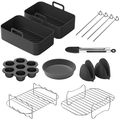 Aoresac Accessori Friggitrice ad Aria 5 inch, 9 Pezzi Accessori per Friggitrice con Rivestimento per Friggitrice ad Aria Griglia per Friggitrice ad Aria, Clip per Alimenti, Teglia per Pizza
