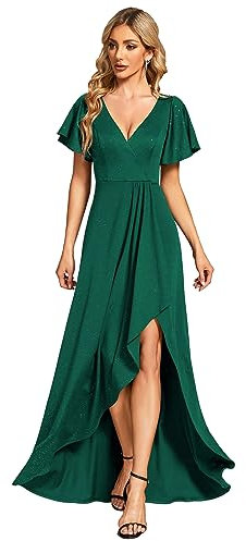 Ever-Pretty Robe de Soirée Femme Longue Col V Manches Courtes Fendue Asymétrique A Line Chic Vert Foncé 42
