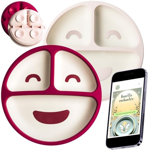 La magie des kids – Assiettes Bébé Silicone à Ventouse Ultra-Fix (4 ventouses) | Lot de 2, 3 Compartiments — Passe Micro-ondes, Four 220 °C, Congélateur -40 °C (Rose et fuchsia)