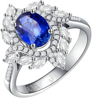 Paarringe Verlobung, Ring Damen Blau 18 Karat Weißgold Au750 Blume Lab Saphir 1.3Ct Ovalschliff Vvs mit 54 Diamant Ct G-H Gh Größe 61 (19.4) Gravur