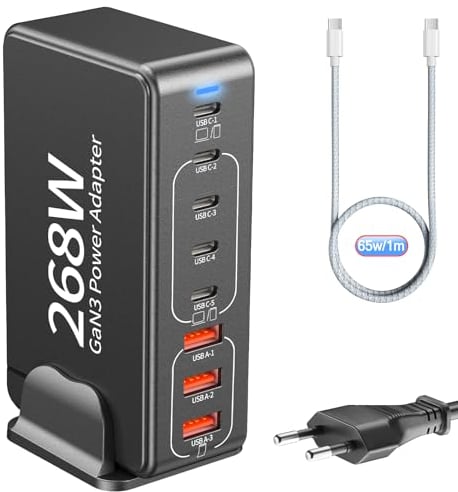 USB C Charging Station:268W 8-Port GaN III Fast Charger for Multiple Devices,USB-C PD Fast Charging Desktop Charger,Compatible with iPhone, Samsung, MacBook, Dell and More