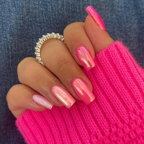 24pcs Medium Length Aurora Hot Pink Metallic Square False Nails - Stick on, Press on, Glue-on, Removable, Full Cover, Women's Brides Nail Art Accessories