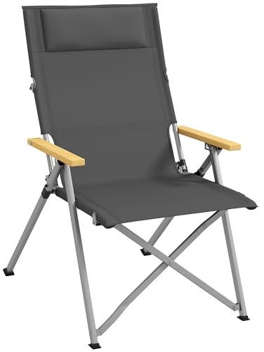 Outsunny Silla de Camping Plegable de Aluminio con Respaldo Ajustable Reposabrazos de Madera Silla de Jardín Portátil con Bolsa de Transporte para Exterior Piscina Playa 74x59,5x98 cm Gris