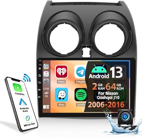 CAMECHO 2G+64G Autoradio 13 Wireless CarPlay Android Auto Autoradio per Nissan Qashqai J10 2006-2016, 9 Schermo Tattile con Bluetooth GPS FM/RDS Mirror Link WiFi +Telecamera Posteriore