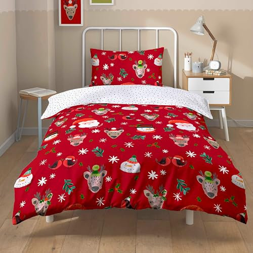 Olivia Rocco Christmas Santa & Friends Duvet Cover Set Festive Holiday Bedding with Santa Claus Comforter Quilt Covers Xmas Bed Set with Pillowcases, Red Single