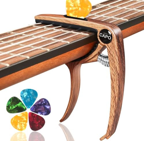 Kapodaster für Gitarre Kapodaster Capo Gitarre - Capodaster, Kapodaster Gitarre, inklusive 5 Plektren, für Akustikgitarre, E-Gitarre, Klassische Gitarre - Gitarren Equipment – Holzfarbe