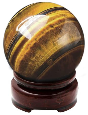 SUPBEI Tigerauge-Kristallkugel mit Holzständer - Natürliche Heilkristall-Edelstein-Kugelfigur Kristallkugel-Meditationskugeln für Hexerei und Dekorative Kugeln,Dia 2