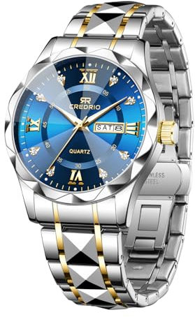 Montre pour homme Diamond Business Dress analogique à quartz en acier inoxydable étanche Date lumineuse deux tons Montre de luxe décontractée, Bleu argenté.