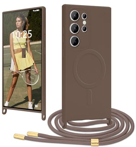 Ethanger Coque Magnétique pour Samsung Galaxy S24 Ultra Fine avec Cordon de Collier Réglable Housse de Protection Compatible avec MagSafe en Silicone TPU Etui Case Ultra Fine Marron