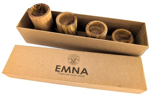 EMNA - 4er Set Teelicht-Halter aus luxuriösem Oliven-Holz | Höhe ca. 4, 6, 8, 10 cm | Inklusive Geschenk-Box | Weihnachten | Valentinstag | Kerzen-Ständer | Romantische Dekoration Wellness Badezimmer