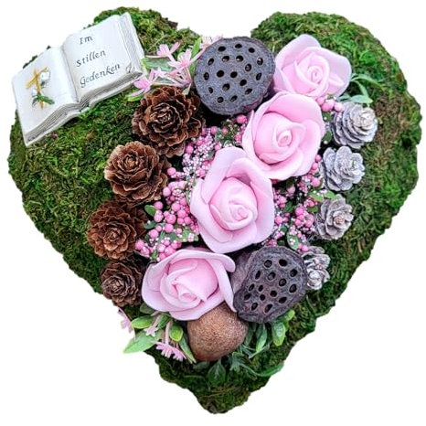 Herzförmiges Grabgesteck, 20 cm, Grabherz Grabschmuck künstliche Rosen, Zapfen, Buch Im stillen Gedenken