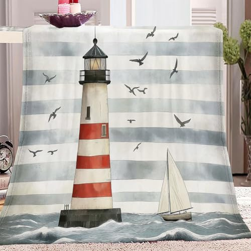 Decke Fleecedecke Grau Flauschige Decke Mit Aufdruck, Warm Weich 130 x 150 cm Superweiche Decken Wohndecke Überwurfdecke Fürs Bett Gemütliche Weich Sofadecke Gestreifter Leuchtturm Am Ufer