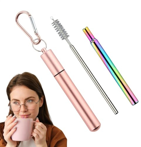 Reusable Straws with Case, Folding Drinking Straw Set, Stainless Steel Straws with Case, Cleaning Brush & Carabiner, Eco-Friendly Travel Straw Set for Picnic, School, Cruise Ship Accessories