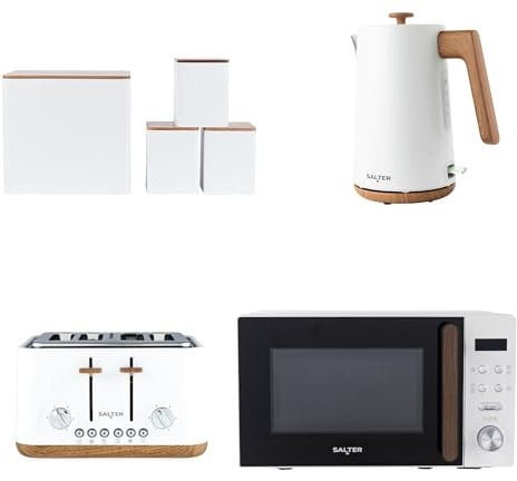 Salter Toronto Kettle, Toaster, Microwave & Canister Set – Countertop, Tea/Coffee/Sugar & Bread Bin, 1.7L Fast Boil Kettle, 4-Slice Wide Slot Toaster, 20 L Digital Microwave, 25.5cm Turntable, White