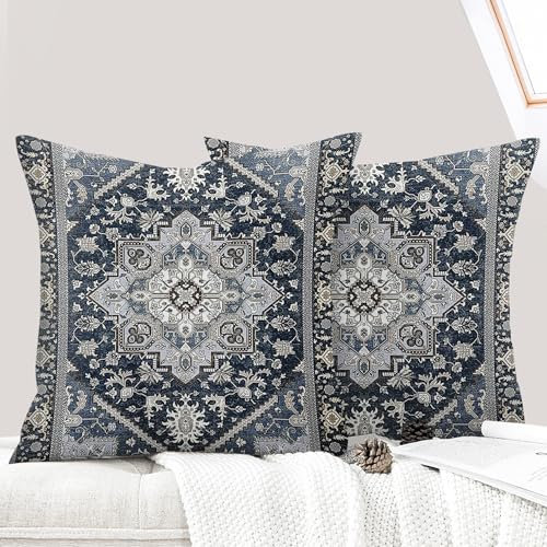 ECZOIL 2er Set Boho Kissenbezug 50x50 cm Kissenhülle Dekorative Boho Stil Vintage Zierkissenbezüge Kissen für Sofa Sessel Zuhause Schlafzimmer mit Verstecktem Reißverschluss - Saphirblau