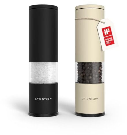 LARS NYSØM Juego de 2 molinillos de sal y pimienta manuales con molinillo de cerámica ajustable de grueso a fino I Juego de molinillos de especias de diseño (Black/Beige)