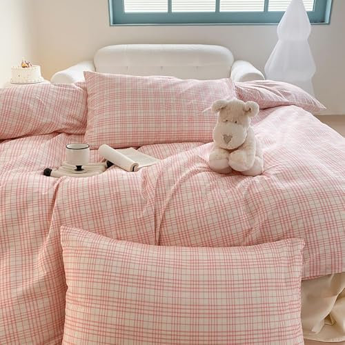 Covebett Housse de Couette 220x240 à Carreaux Vichy Rose et Blanche Parure de Lit Adulte 2 Personnes Housse Couette en Microfibre Linge de lit avec Fermeture Éclair et 2 Taies d'oreiller 65x65cm