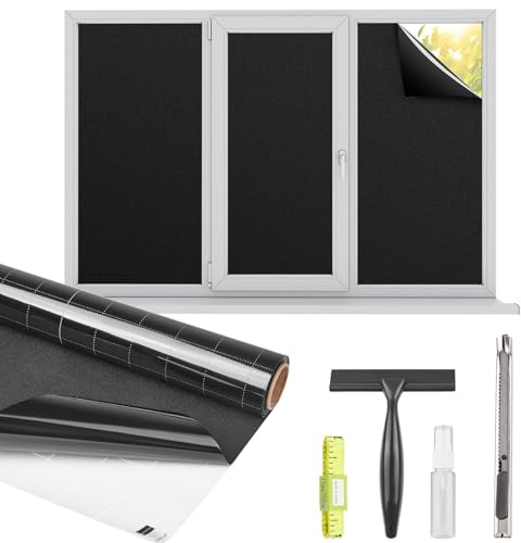 Kromapolis Blackout Window Privacy Film Total Light Blocking Room Darkening Window Covering, Removable Static Cling Frosted Glass Tint, Non-Adhesive, Black 29.5'' x 118.1''