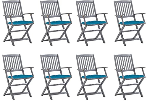 Qnhdfrt 8 Stück Klappstühle Gartenstühle aus Massivholz Akazie mit Grauer Lasur und Hellblauen Sitzkissen, Faltbare Outdoor Stühle für Terrasse Garten Balkon Camping