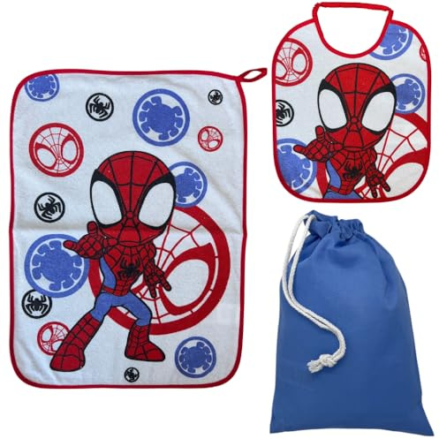 CARTOON Set asilo 3 pezzi, bavaglino e tovaglietta con retro plastificato, sacca, completo per il pranzo (Spidey)